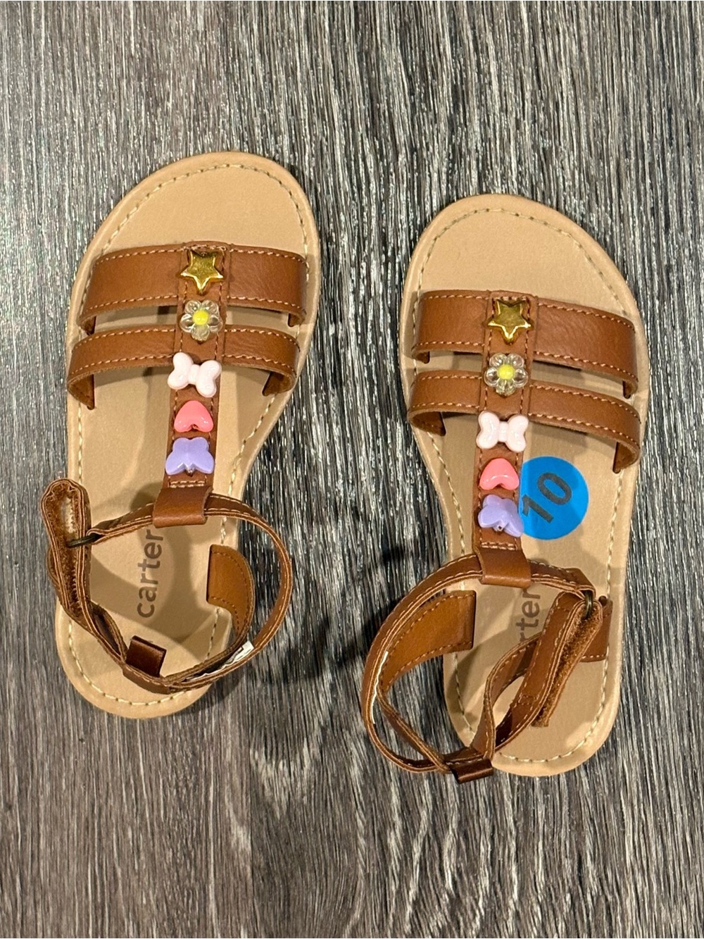Carter's Brown Girls' T-Strap Sandals with Pink & Purple Beads